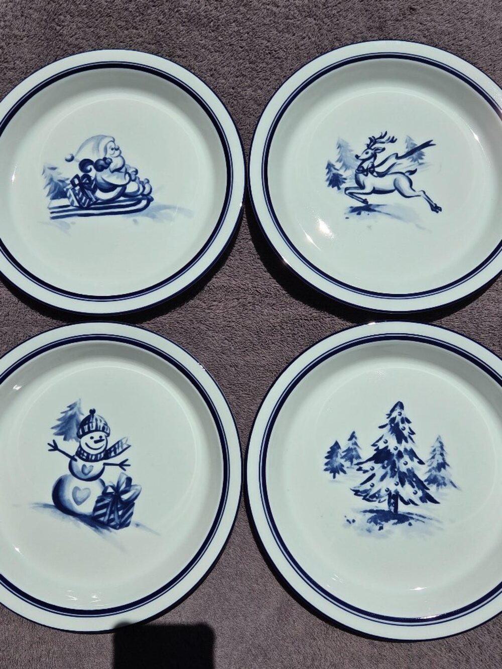 Dansk Bistro Christmas Plates Santa Snowman Reindeer Tree, Set of 4, Retired NIB